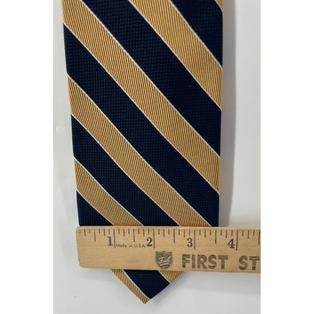 Lands End Repp Tie Neck Stripe Gold Navy Silk USA Made Long Preppy Ivy Diagonal